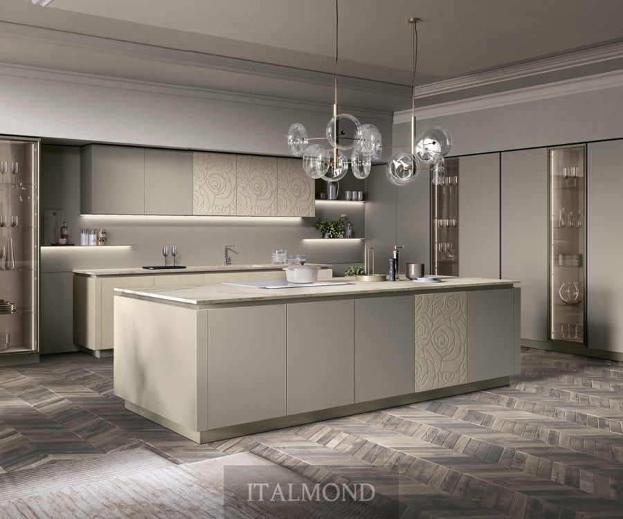 Роскошная кухня с островом в светлых тонах