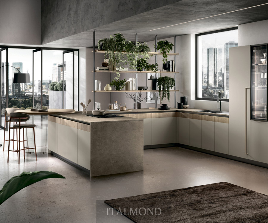 Стильная кухня со светлым гарнитуром и растениями