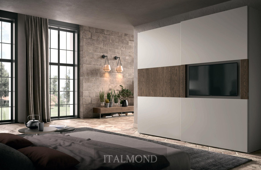 Дизайн спальни с панорамным окном в серых тонах