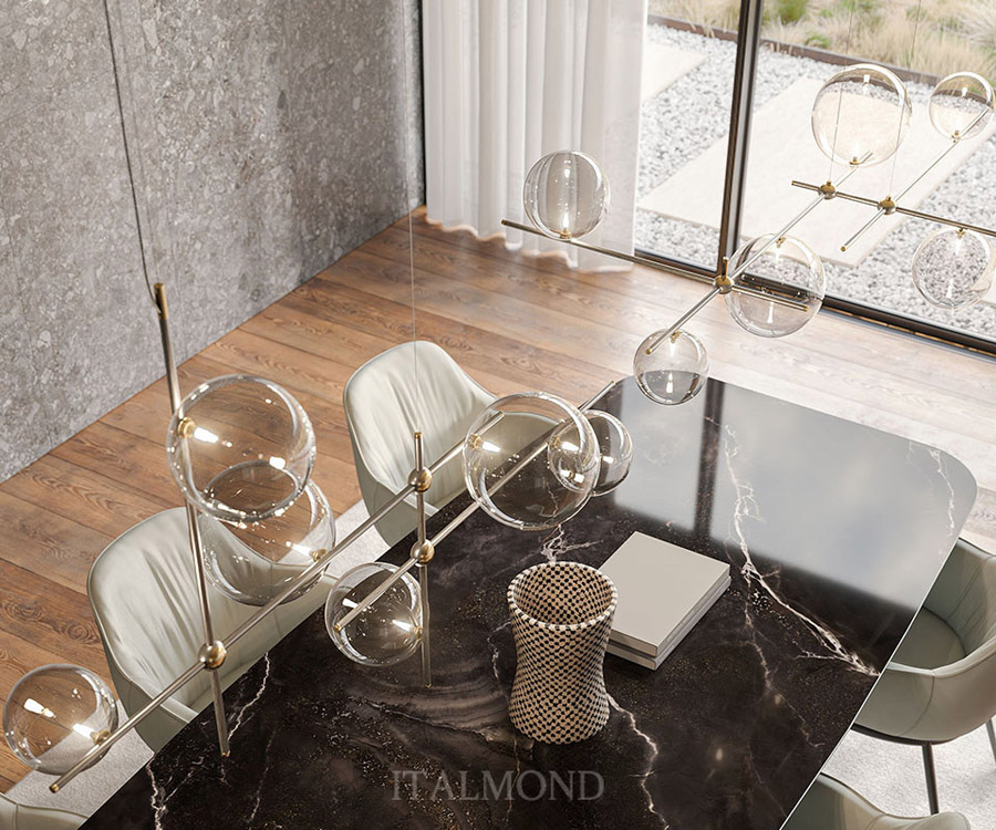 Круглые декоративные лампы в интерьере кухни