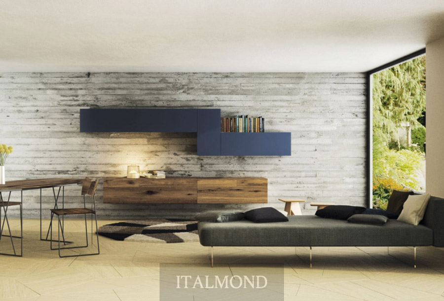 Гостиная с серым диваном, деревянной тумбой и синими подвесными полками