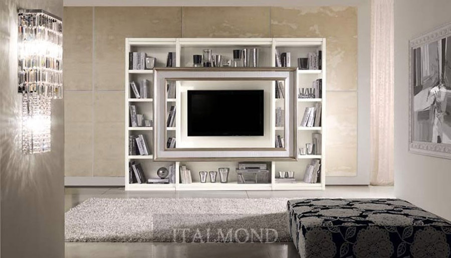 Белая стенка с нишей для телевизора и открытыми полками для книг