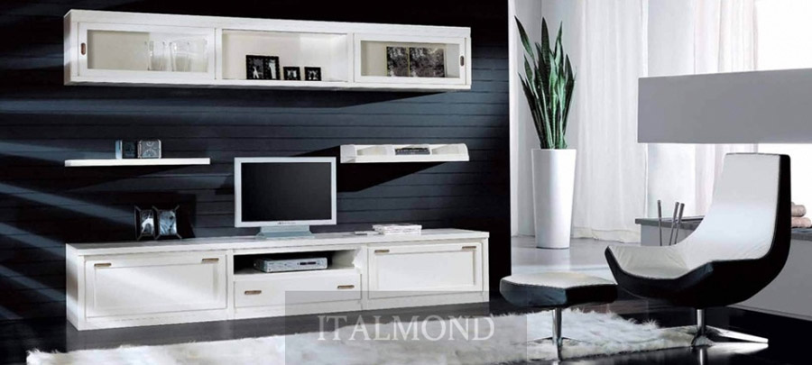 Белая стенка с ТВ и подвесными полками на фоне черной текстурной стены