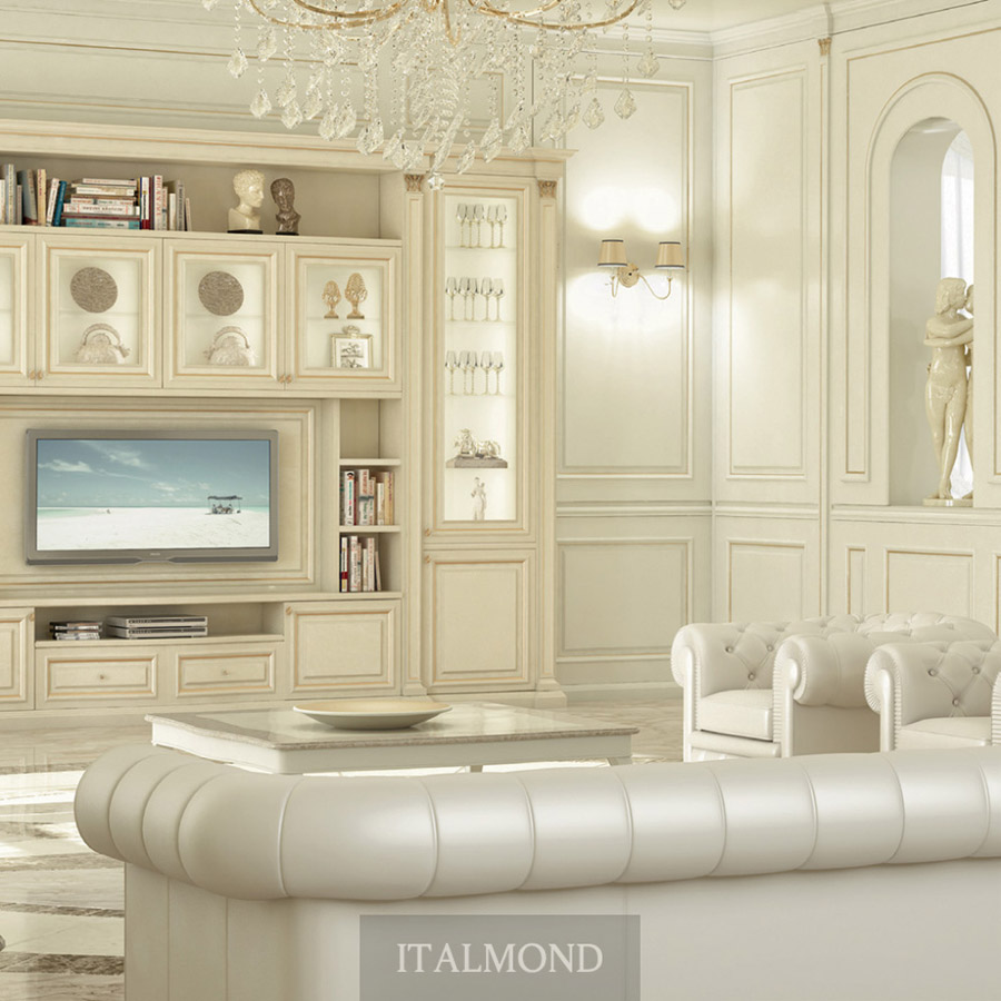 Классическая гостиная с белой мебелью, хрустальной люстрой и статуей