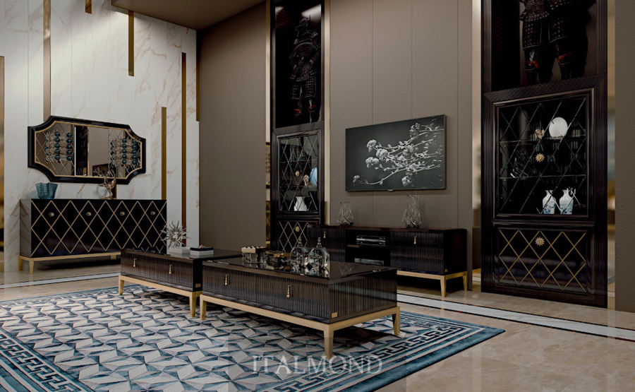 Роскошная гостиная с темной мебелью, золотыми деталями и узорным ковром
