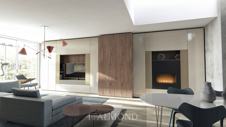 Современная гостиная с серым диваном, встроенным камином и деревянной панелью