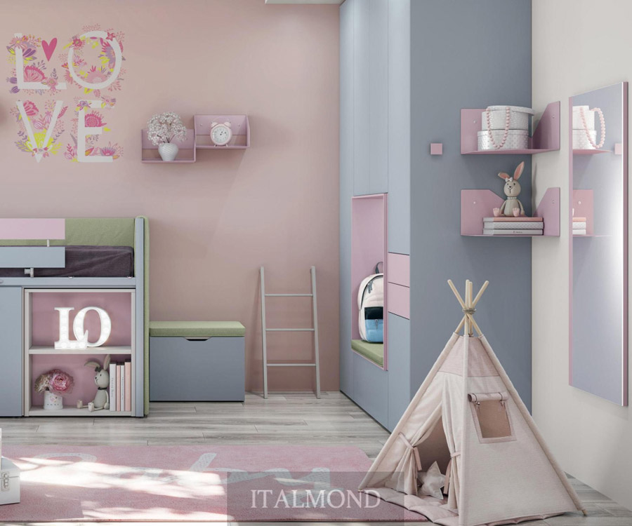 Детская комната с двухъярусной кроватью, палаткой и розовыми акцентами