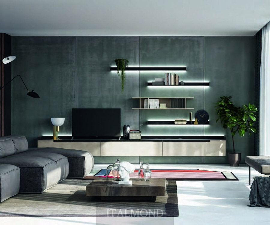 Современная гостиная с серой стеной, подсветкой и модульным диваном